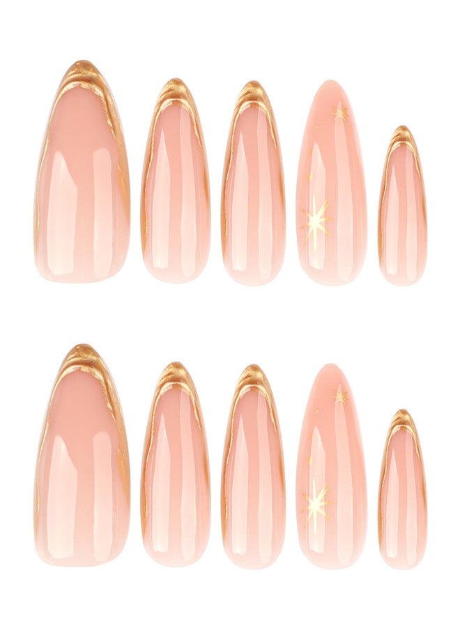 evpct Gold French Tip Press on Nails Almond Medium, Nude Pink + Gold Line Tips, Stick on Nails Medium Almond for Women, Full Cover Perfectly Fit Handmade Soft Gel Artificial Fake False Nail Kit - Image 4